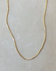 Becoming Jewelry's Gold filled box chain necklace on a plain background.