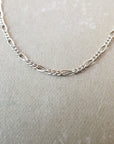A close-up of a sterling silver Becoming Jewelry Figaro chain necklace on a textured surface.