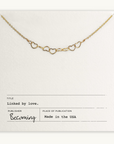 The Heart Links Necklace by Becoming Jewelry features interconnected heart shapes elegantly gleaming on a textured card. It includes the text "Linked by love," capturing enduring affection and connection, with "Becoming" and "Made in the USA" proudly displayed.
