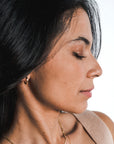 A woman with long dark hair and closed eyes, wearing a beige top and the classic small Everyday Hoop Earrings by Becoming Jewelry, is shown in profile against a white background.