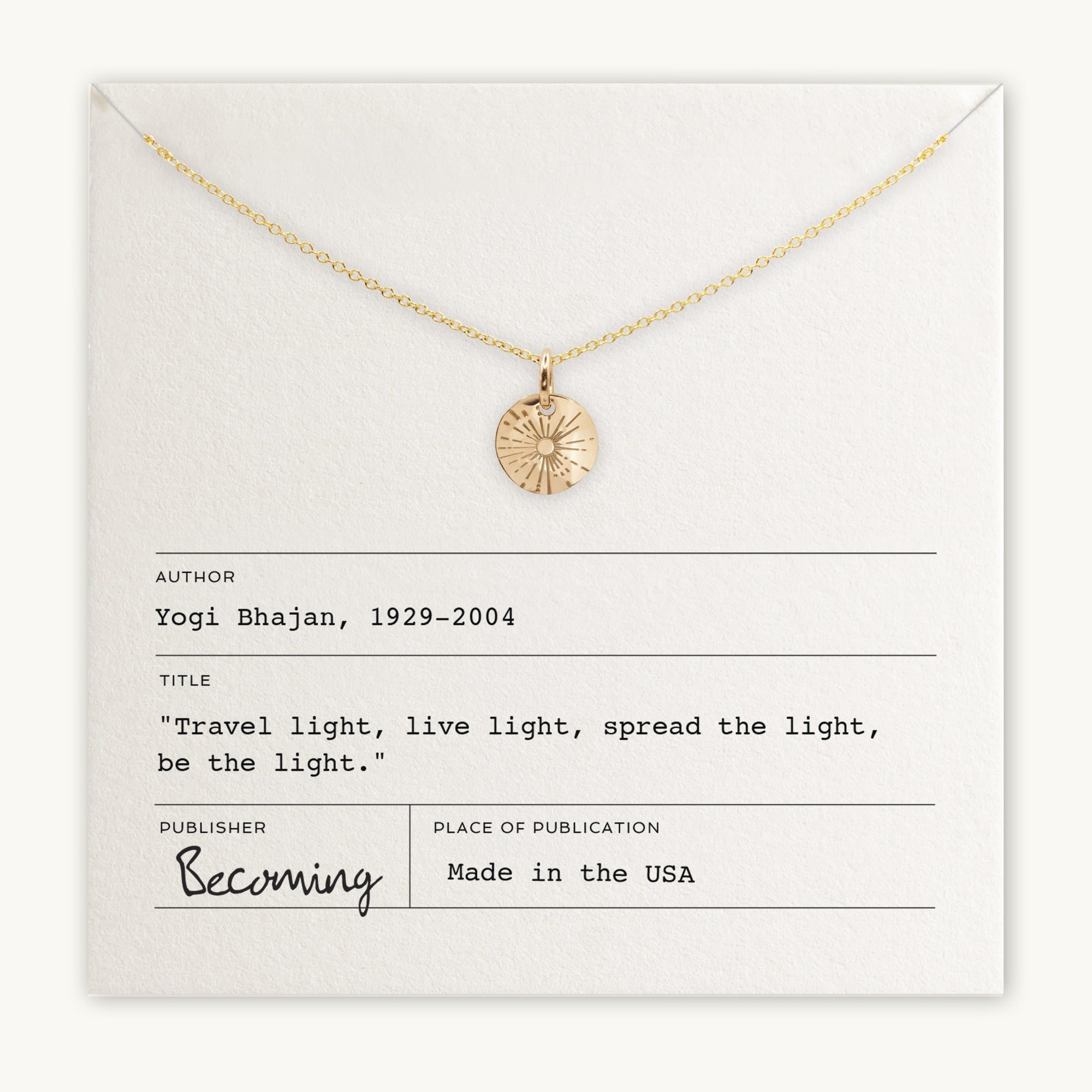 Becoming Jewelry&#39;s Be The Light Necklace, a sterling silver necklace with sunshine charm pendant, displayed on a card with an inspirational quote by Yogi Bhajan.