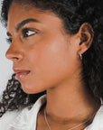 Profile view of a person with curly hair, wearing a white shirt, large Open Hoop Earrings by Becoming Jewelry, and a dainty necklace, looking towards the right.