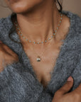 Person wearing a gray sweater with layered necklaces against a brown background