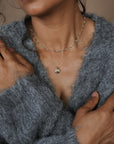Person wearing a gray sweater with layered necklaces against a brown background