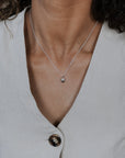 Person wearing a light gray sleeveless top with a necklace featuring a sunshine charm.