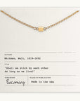 Introducing the Stick Together Necklace by Becoming Jewelry: This exquisite piece features magnetic beads elegantly placed on an envelope, accompanied by a Walt Whitman quote card that reads, "Shall we stick by each other as long as we live?" Celebrate your special connection with this USA-made treasure.