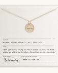 An Arrow Necklace from Becoming Jewelry features a gold arrow charm pendant, engraved and displayed on a card with a motivational quote attributed to Oliver Wendell Holmes, Sr. The necklace is made in the USA.