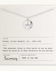 A Becoming Jewelry necklace with an Arrow Necklace pendant, an arrow charm, and an inspirational quote by Oliver Wendell Holmes Sr. displayed on the packaging.