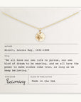 Dandelion Wishes Necklace by Becoming Jewelry displayed on a card with a quote by Louisa May Alcott.