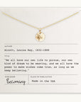 The Dandelion Wishes Necklace by Becoming Jewelry is displayed on a necklace card, which features inspirational words by Louisa May Alcott and indicates that this gold necklace with a dandelion charm is made in the USA.