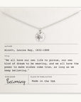 The Dandelion Wishes Necklace by Becoming Jewelry is a delicate piece featuring a round pendant engraved with a flower, presented on a necklace card adorned with an inspirational quote by Louisa May Alcott and details about the USA-made publisher, Becoming. This charming necklace includes uplifting words to elevate your spirit.
