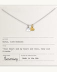 A Tiny Hearts Necklace by Becoming Jewelry, featuring mixed metal hearts, beautifully displayed on a card with a quote from Hafiz. The card includes the author, title, publisher, and publication details.