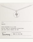 Family Tree Necklace from Becoming Jewelry, displayed on a card with an inspirational family-themed message.