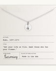 On Fire Necklace by Becoming Jewelry displayed on a card with an inspirational quote by Rumi.