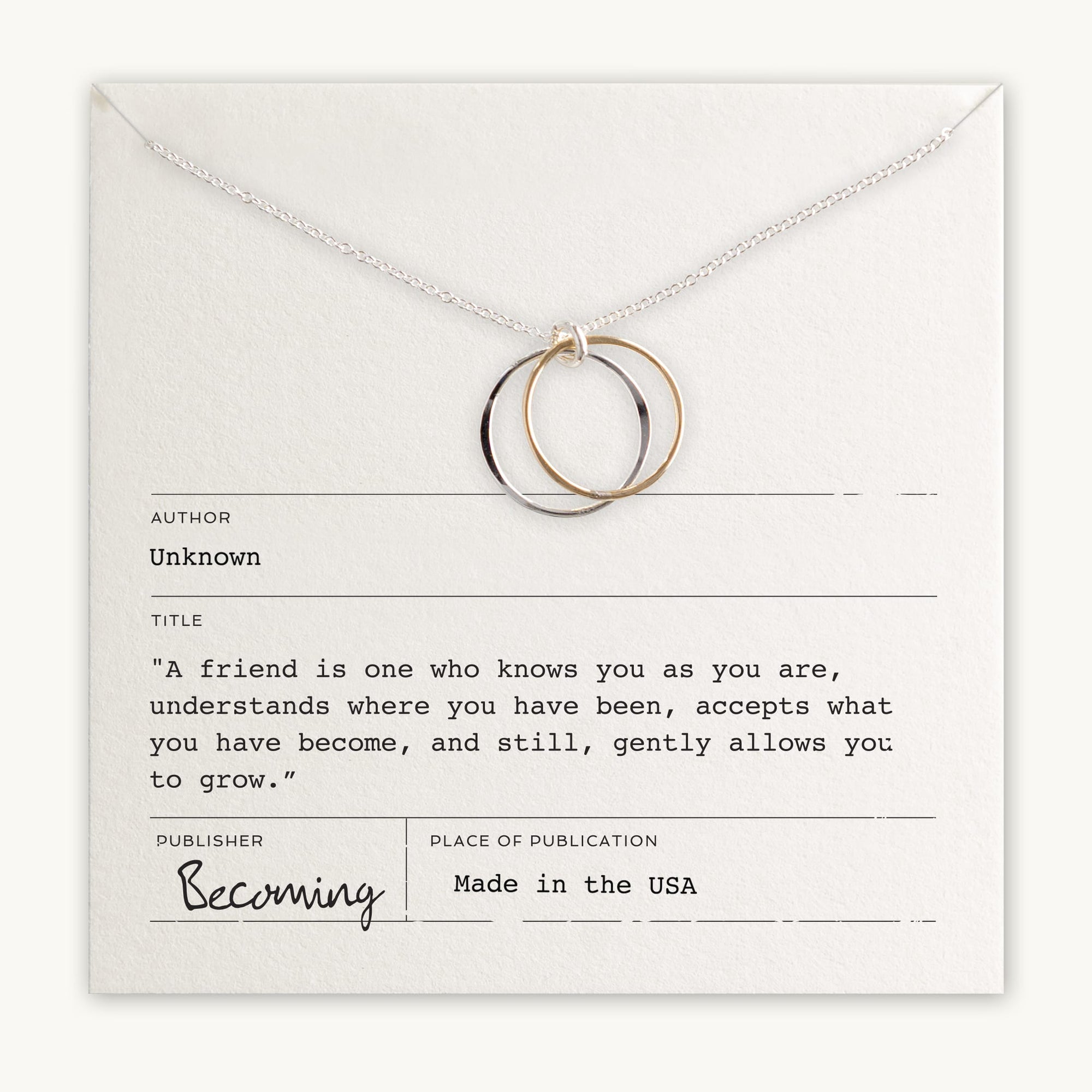 Becoming Jewelry&#39;s Friendship Circles Necklace with intertwined circles on a message card with an inspirational quote about friendship.