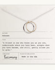 Becoming Jewelry's Friendship Circles Necklace with intertwined circles on a message card with an inspirational quote about friendship.