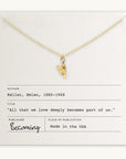 Love Deeply Necklace by Becoming Jewelry on a card with a Helen Keller quote and the branding "becoming" indicating it's made in the USA.