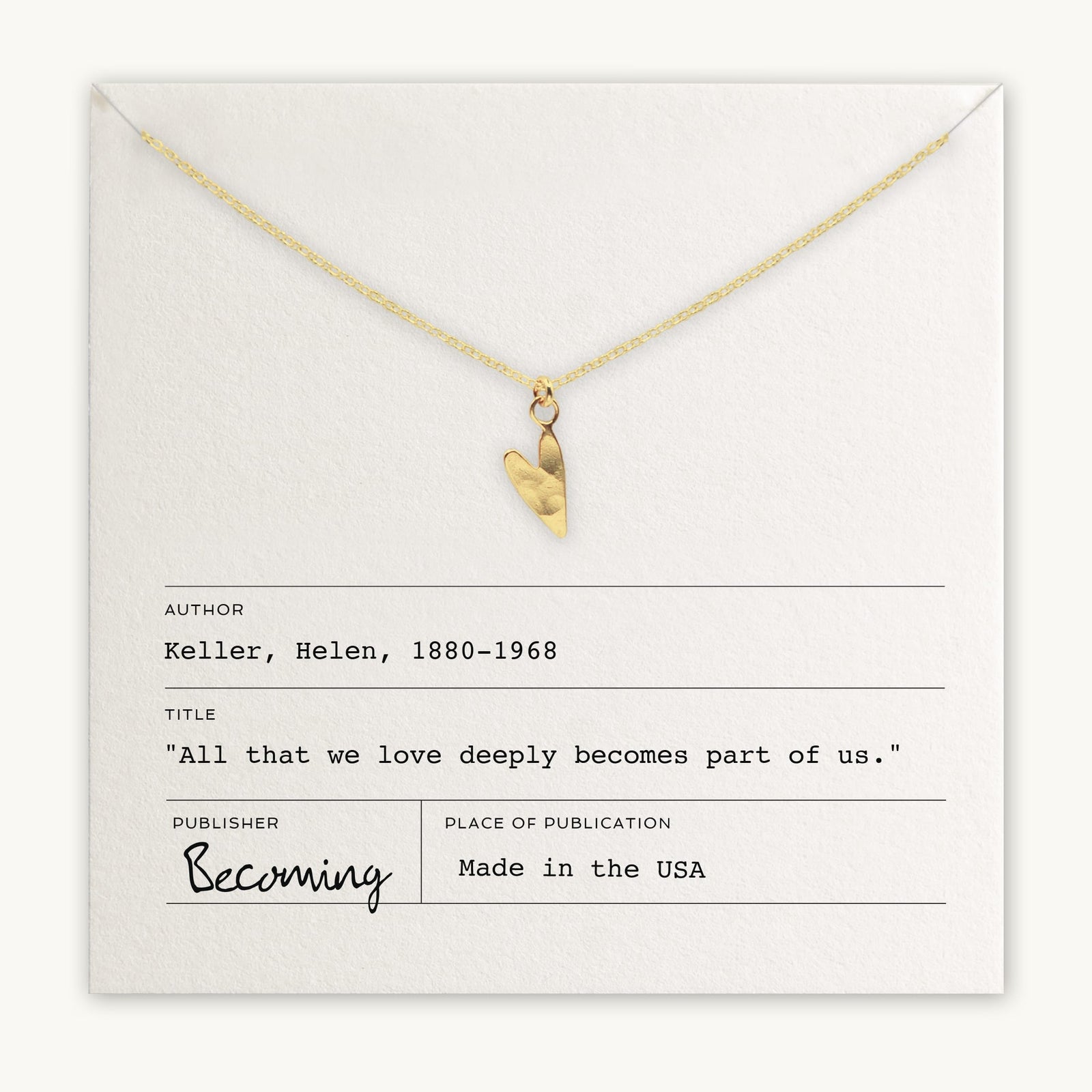 Love Deeply Necklace by Becoming Jewelry on a card with a Helen Keller quote and the branding 