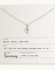 Love Deeply Necklace by Becoming Jewelry, displayed on a card with a Helen Keller quote and branding for 'Becoming', made in the USA.
