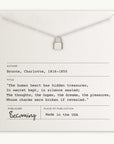 Hidden Treasures Necklace by Becoming Jewelry displayed on a card with a Charlotte Brontë quote.