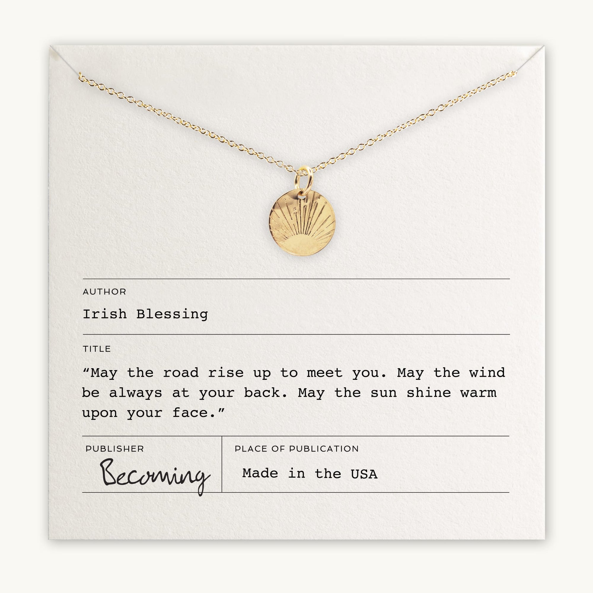 Becoming Jewelry&#39;s Irish Blessing Necklace, featuring a round pendant with a shell design, displayed on a card with an Irish blessing quote.