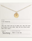 Becoming Jewelry's Irish Blessing Necklace, featuring a round pendant with a shell design, displayed on a card with an Irish blessing quote.