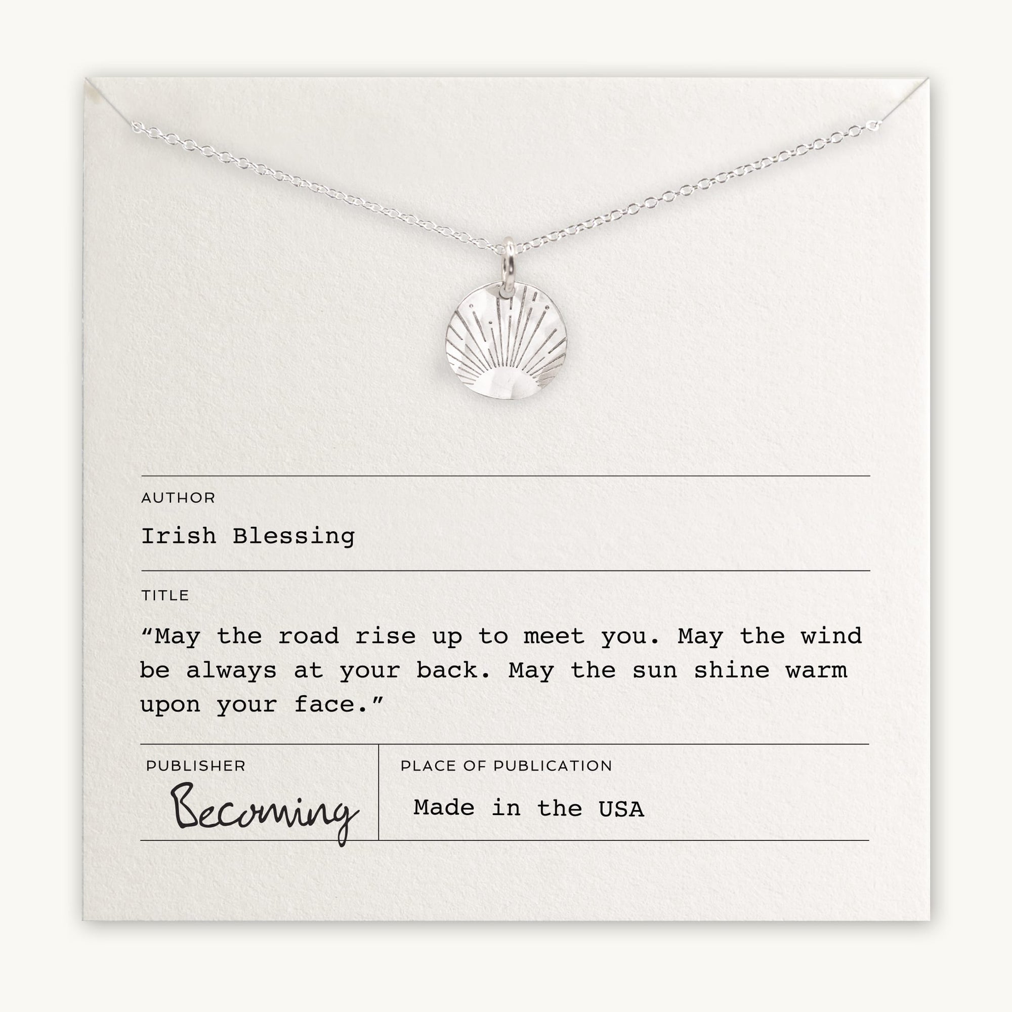 Becoming Jewelry&#39;s Irish Blessing Necklace, displayed on a card with an Irish blessing quote.
