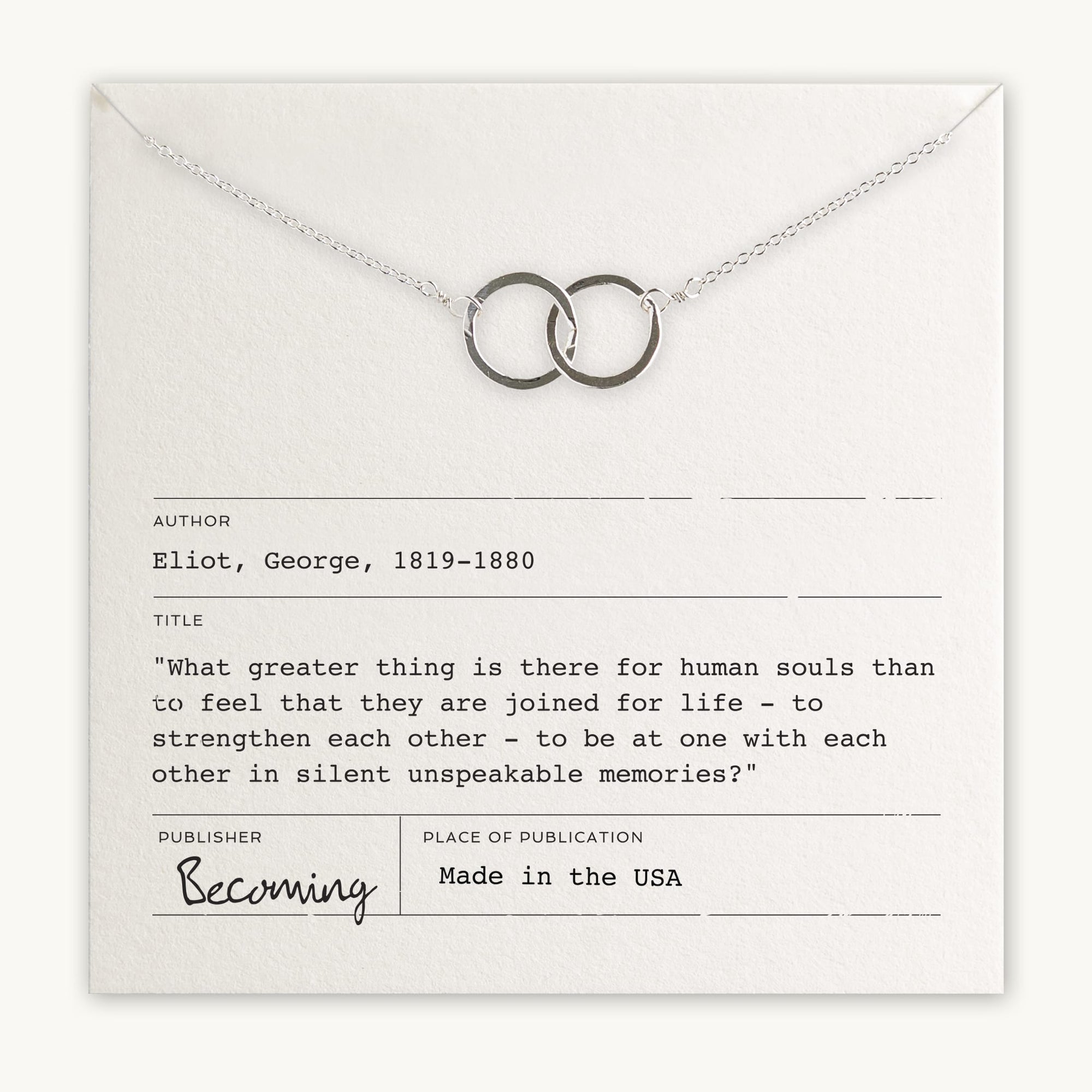 Becoming Jewelry&#39;s Joined for Life Necklace, featuring a quote by George Eliot about human connection, on a card.