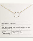 Karma Necklace by Becoming Jewelry displayed on a card with an inspirational quote by Wayne Dyer, labeled as made in the USA and featuring a fine cable chain.