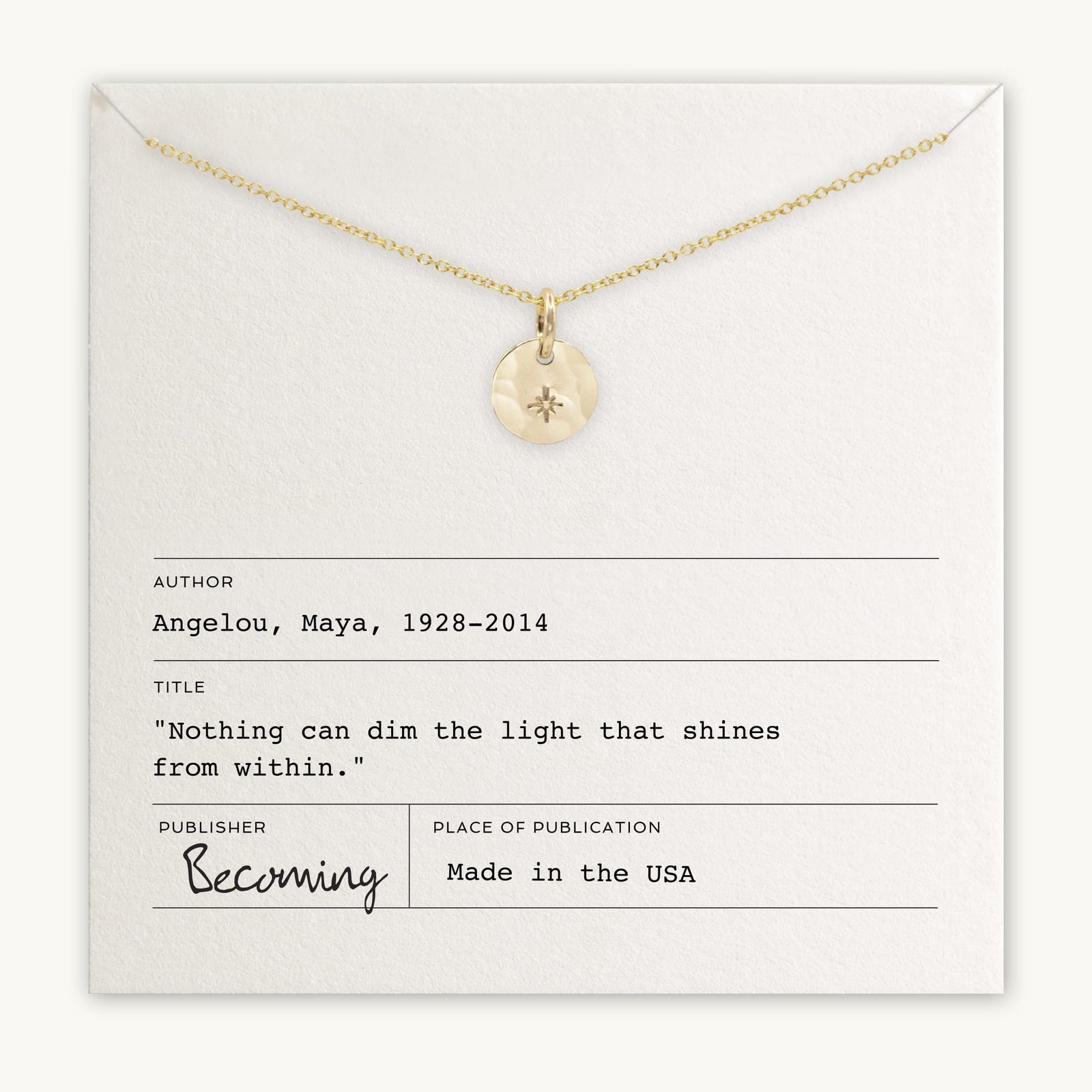 A Light Within Necklace displayed above an inspirational quote by Maya Angelou, presented as a library card, with the word 