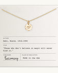 Believe in Magic Necklace by Becoming Jewelry with shooting stars charm pendant displayed on a card with an inspirational quote by Roald Dahl.