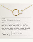 Becoming Jewelry's Mother Necklace, featuring gold interlinked rings, is elegantly displayed on a card with a touching quote about mothers by Washington Irving (1783-1859). Made in the USA, this piece beautifully symbolizes a mother's love and that special relationship.