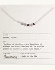Mothers & Daughters Necklace by Becoming Jewelry with five joined circles charm on a display card featuring a quote about mothers and daughters, indicating the necklace is made in the USA.