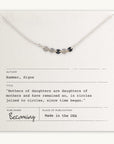The delicate Mothers & Daughters Necklace, crafted by Becoming Jewelry and made in the USA, rests on a white card adorned with a poem by Signe Hammer celebrating the bond between mothers and daughters. This heartfelt gift is perfect for honoring that special woman in your life.