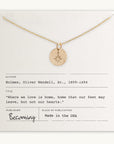 The North Star Necklace by Becoming Jewelry features a gold star pendant and is beautifully displayed on a card. The card showcases an inspiring quote by Oliver Wendell Holmes, Sr. about home and love, indicating it is made in the USA by "Becoming Jewelry." It's an ideal gift for travelers embarking on new adventures.