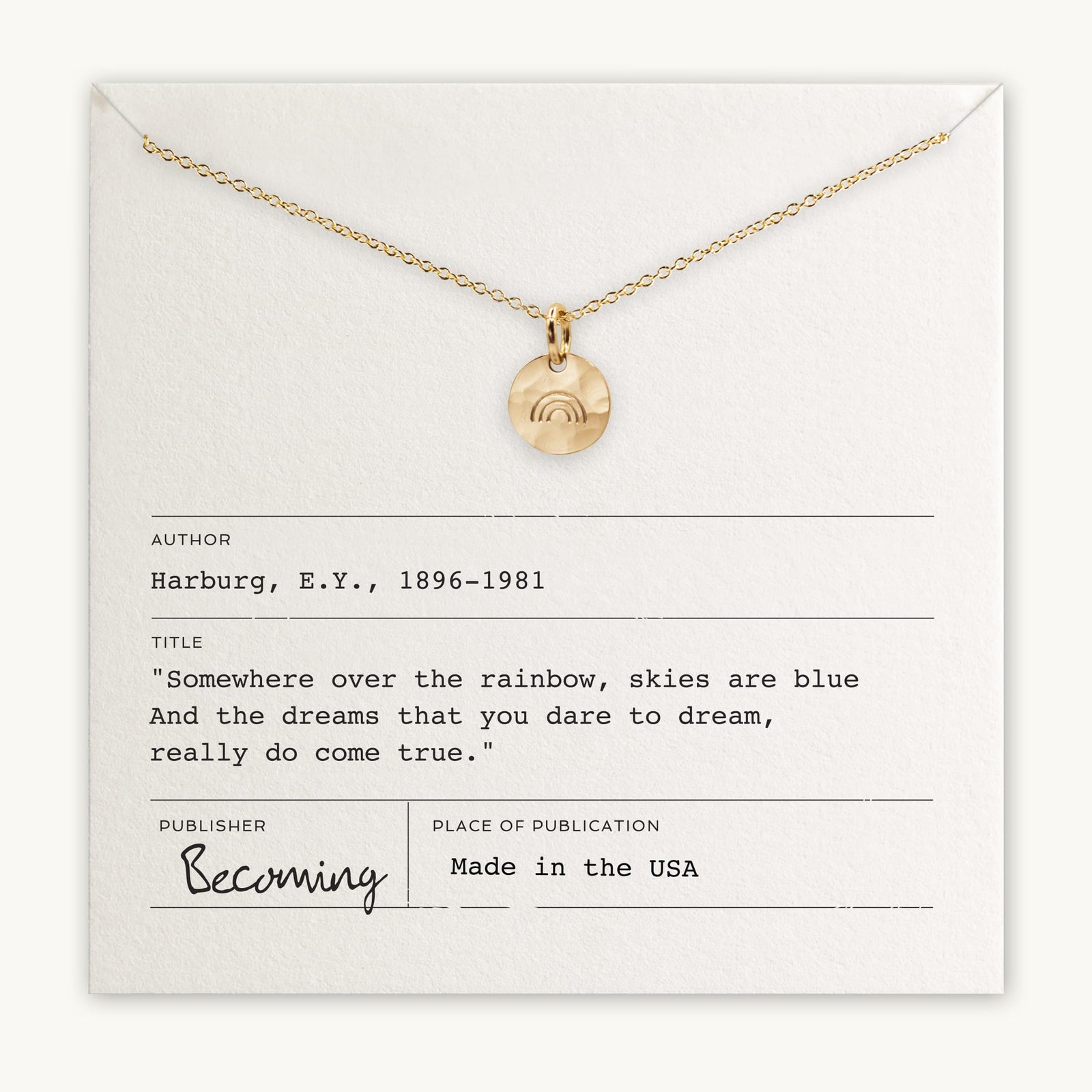 Becoming Jewelry's Over the Rainbow Necklace displayed on a card with an inspirational quote 