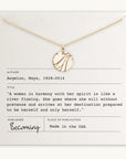 A River Necklace from Becoming Jewelry, featuring a gold round pendant, is elegantly displayed on a card that celebrates remarkable women with a quote by Maya Angelou: "A woman in harmony with her spirit is like a river flowing." The card also indicates the author and publisher.