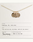 The Sun Moon and Stars Necklace by Becoming Jewelry, featuring four star-stamped pendants and a moon charm, is displayed on an envelope with printed text attributing a quote to E. E. Cummings (1894-1962) and noting that the item is made in the USA.