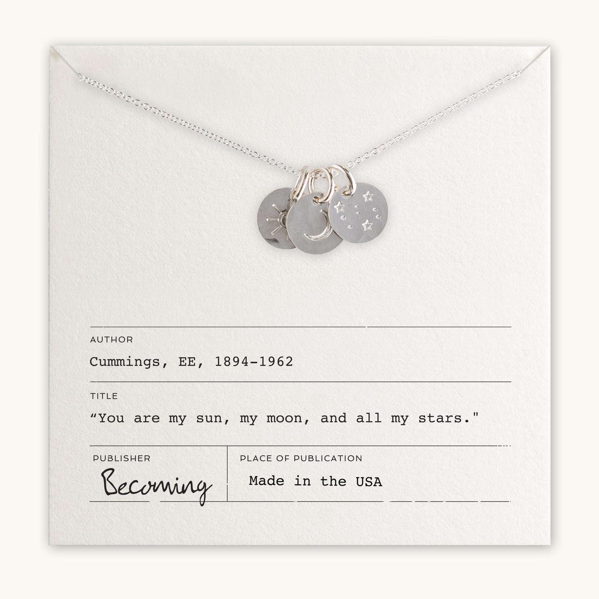 The Sun Moon and Stars Necklace by Becoming Jewelry, featuring small round pendants and a delicate moon charm, is displayed on a card with a quote from EE Cummings and publication details.