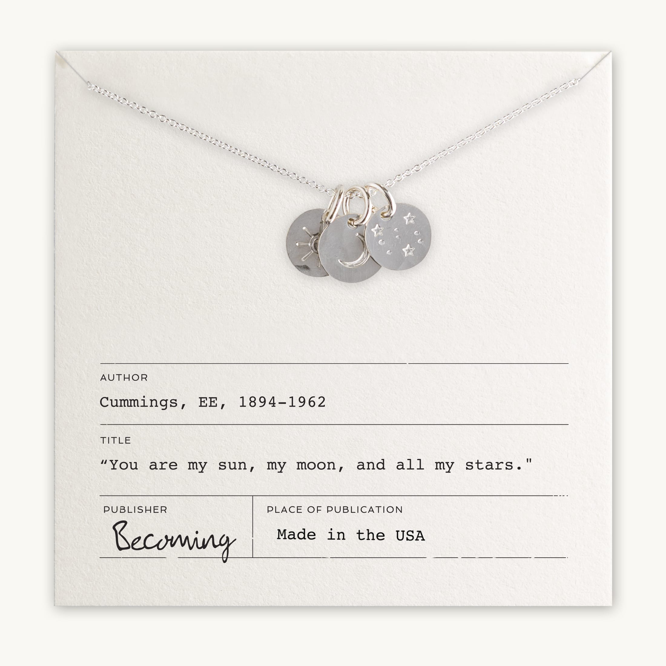 Sun Moon Stars Cummings Necklace Celestial Poetry Jewelry