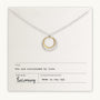 A simple necklace with interlocking rings displayed on a card that reads, "Surrounded By Love Necklace by Becoming Jewelry, Made in the USA," making it a meaningful reminder and a perfect gift to someone special.