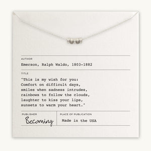 Becoming Jewelry's My Wish For You Necklace, with a three-bar pendant, displayed on a card with an inspirational message by Ralph Waldo Emerson.