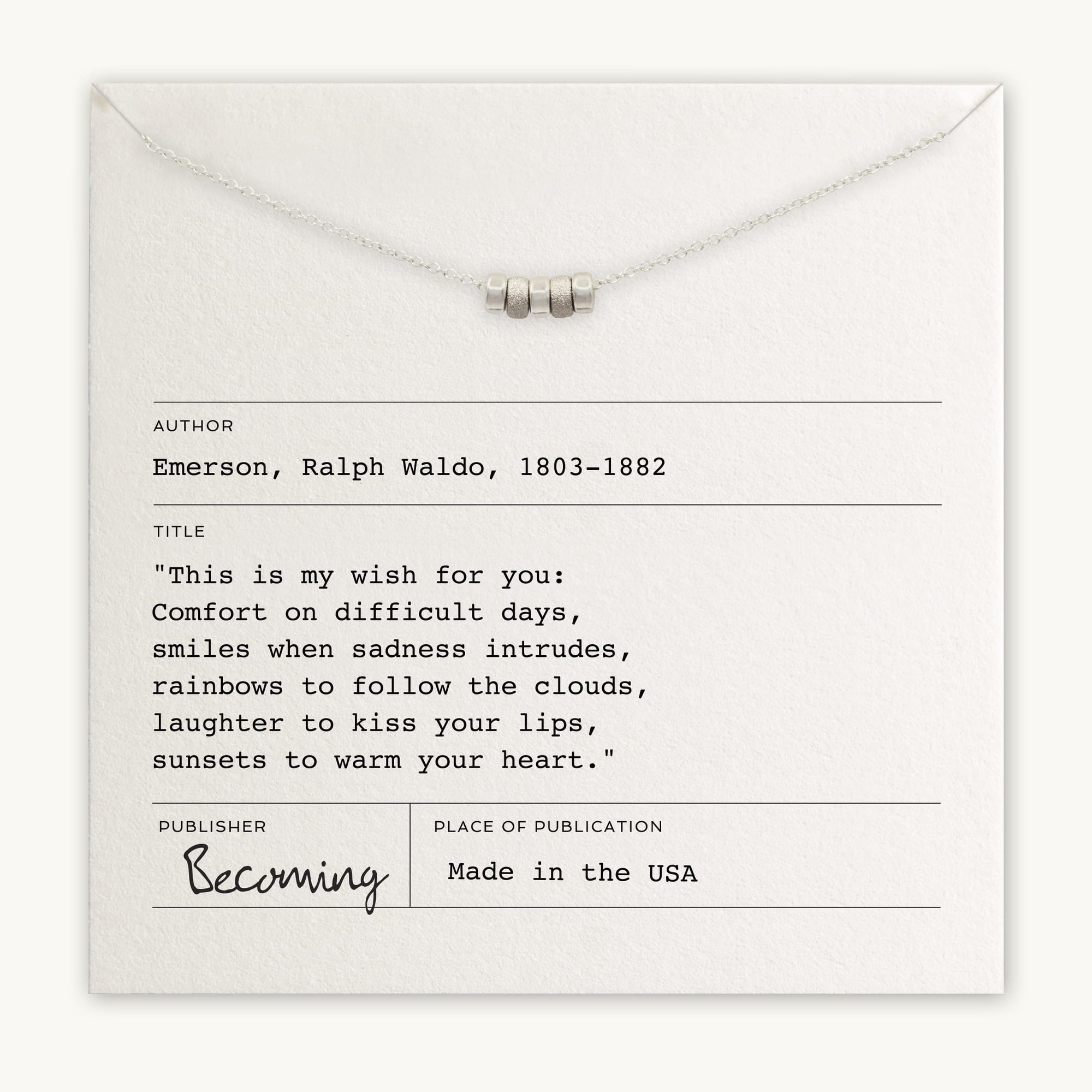 Becoming Jewelry&#39;s My Wish For You Necklace, with a three-bar pendant, displayed on a card with an inspirational message by Ralph Waldo Emerson.