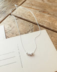 The "My Wish For You Necklace" by Becoming Jewelry, featuring a delicate silver chain adorned with four small beads, sits atop a postcard on a wooden surface—a perfect thoughtful gift.