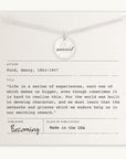 A Becoming Jewelry Onward Necklace with the word "onward" engraved on it, displayed on a necklace card with a quote from Henry Ford