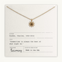 Necklace with sun-shaped pendant on a card with text