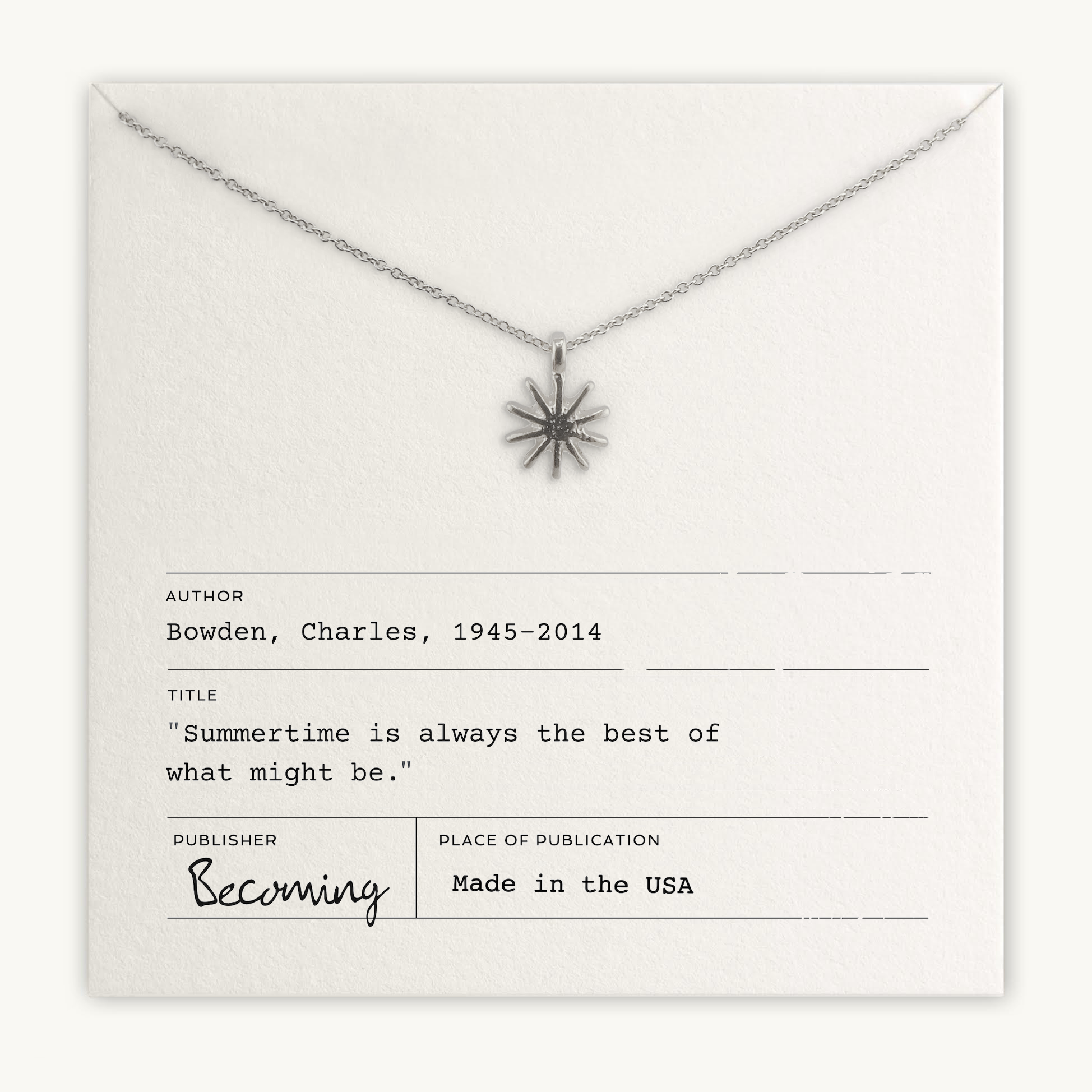 Necklace with sun-shaped pendant on a card with text