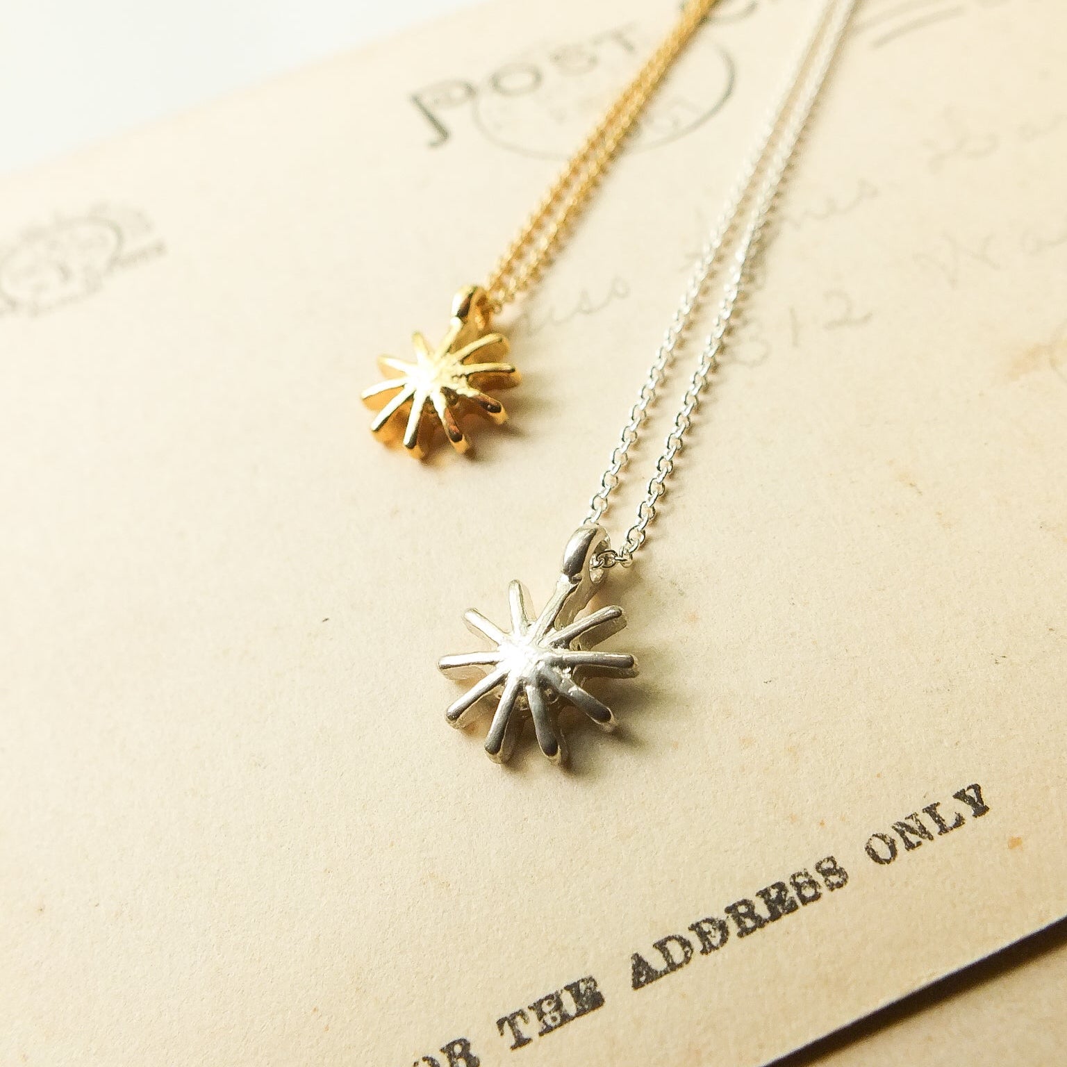 Two sun-shaped necklaces on a vintage postcard