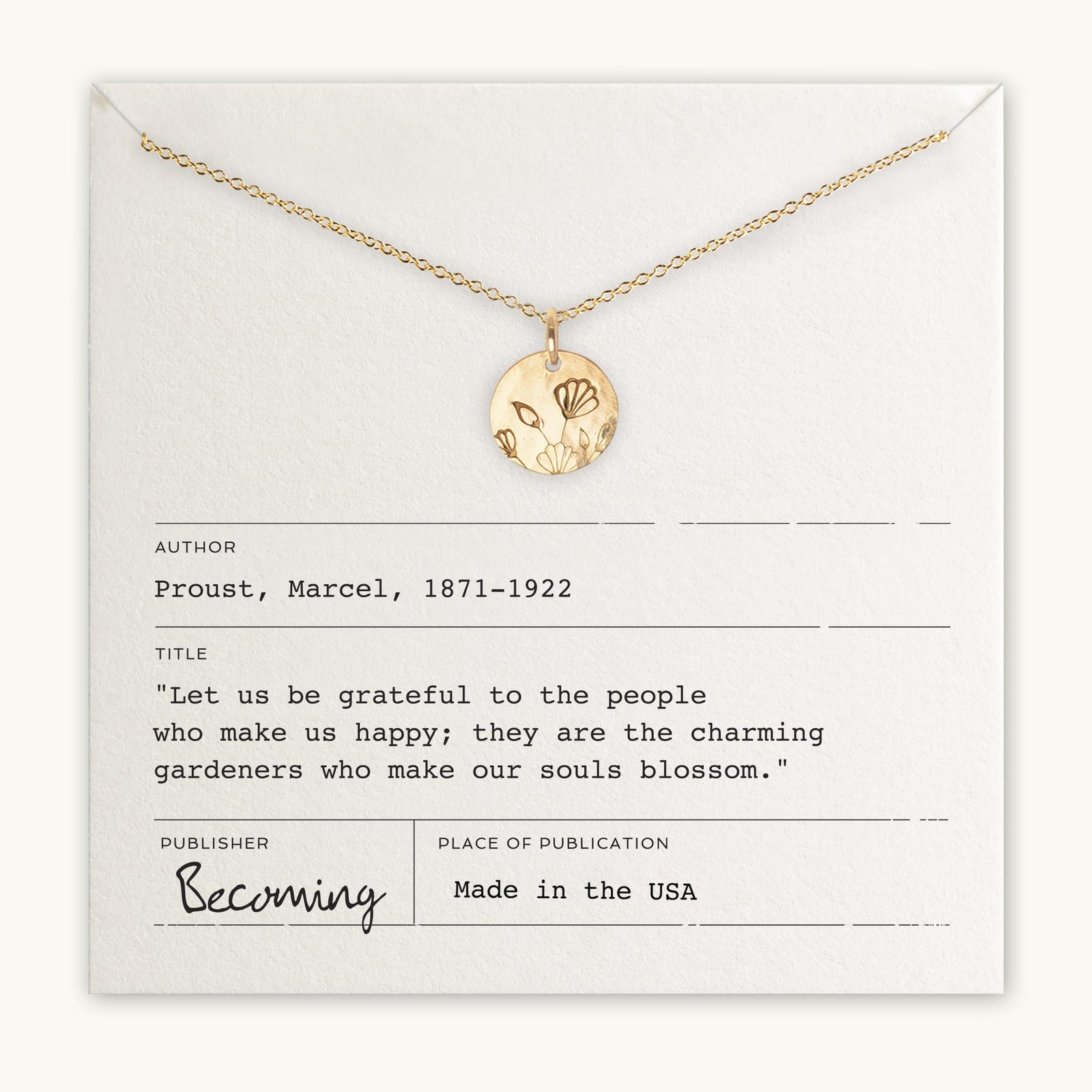 Becoming Jewelry's Blossom Necklace with a pendant displayed on a card featuring a quote by Marcel Proust about gratitude and happiness.