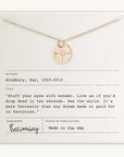 Gold filled Compass Necklace from Becoming Jewelry on a card with a Ray Bradbury quote.